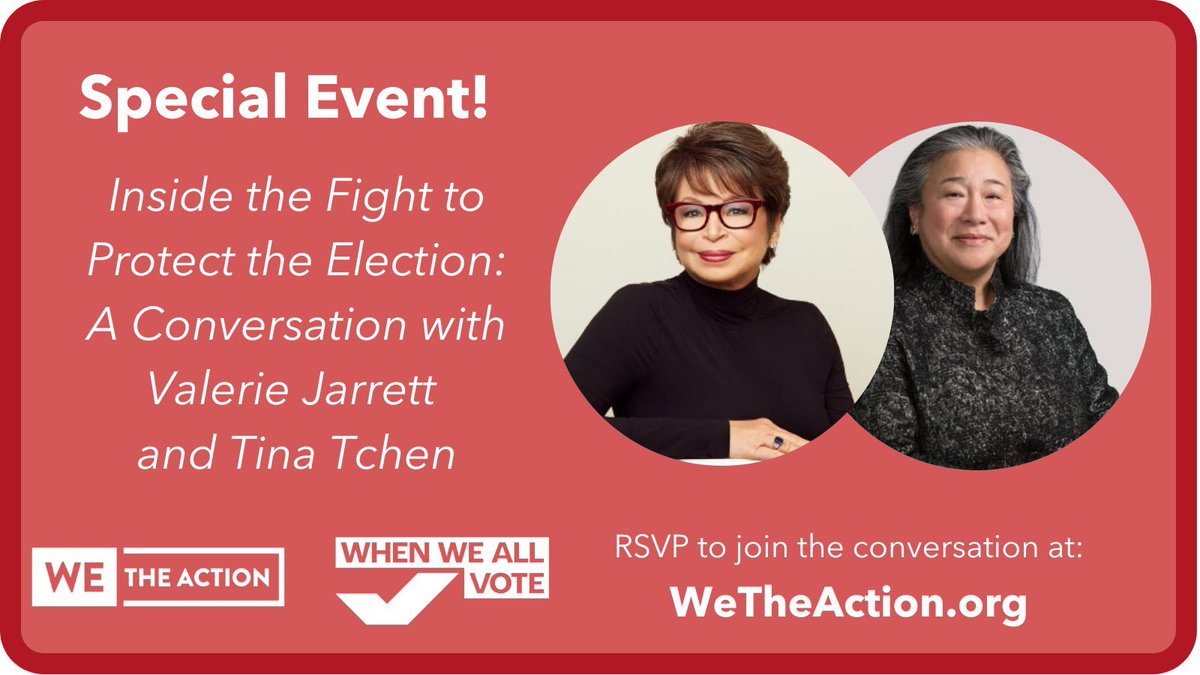 Join @ValerieJarrett, @TinaTchen, @WeTheAction, @WhenWeAllVote for an exclusive, inside look at the effort to protect the vote — TODAY at 1pm ET. This call is lawyers only, so please share with your professional networks 👉weall.vote/wetheaction