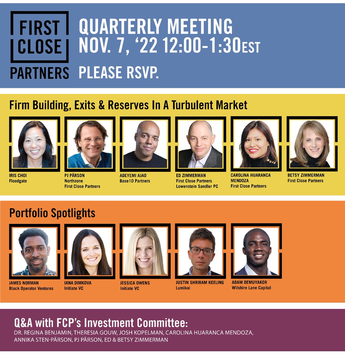 Excited for our <a href="/close_first/">First Close Partners</a> Quarterly Meeting Nov 7 @ 12pm ET
"Firm Building, Exits &amp; Reserves In A Turbulent VC Market" w/ <a href="/Base10Partners/">Base10</a>' Ade Ajao, <a href="/floodgatefund/">Floodgate</a>'s <a href="/donutsdidthis/">Iris Choi</a> &amp; <a href="/northzoneVC/">Northzone</a>'s <a href="/pjparson/">Pär-Jörgen Pärson</a>  f/t <a href="/carohuaranca/">Carolina 🇵🇪 🇺🇸</a> <a href="/MotownIni/">jamesnorman.eth</a> <a href="/Lumikai/">Lumikai</a> &amp;...
linkedin.com/feed/update/ur…