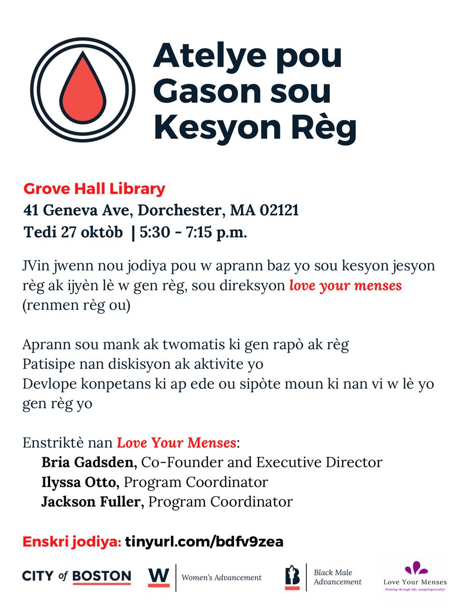 BostonWomen's tweet photo. Calling all fathers, partners, male caregivers, brothers, etc.! Join us for a fun, informative and interactive men for menstruation workshop on October 27 at the Grove Hall Branch Boston Public Library in partnership with @officeofbma and @LoveYourMenses #menformenstruation https://t.co/d5qrQ2cDwB