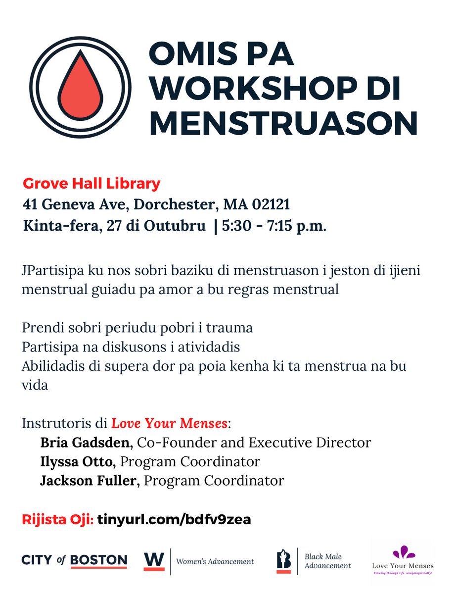 BostonWomen's tweet photo. Calling all fathers, partners, male caregivers, brothers, etc.! Join us for a fun, informative and interactive men for menstruation workshop on October 27 at the Grove Hall Branch Boston Public Library in partnership with @officeofbma and @LoveYourMenses #menformenstruation https://t.co/d5qrQ2cDwB