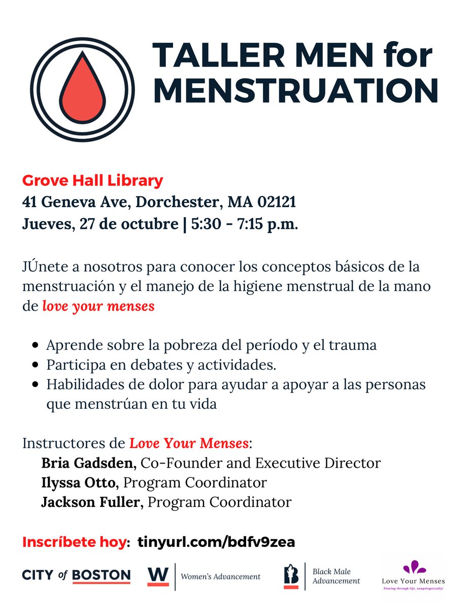BostonWomen's tweet photo. Calling all fathers, partners, male caregivers, brothers, etc.! Join us for a fun, informative and interactive men for menstruation workshop on October 27 at the Grove Hall Branch Boston Public Library in partnership with @officeofbma and @LoveYourMenses #menformenstruation https://t.co/d5qrQ2cDwB