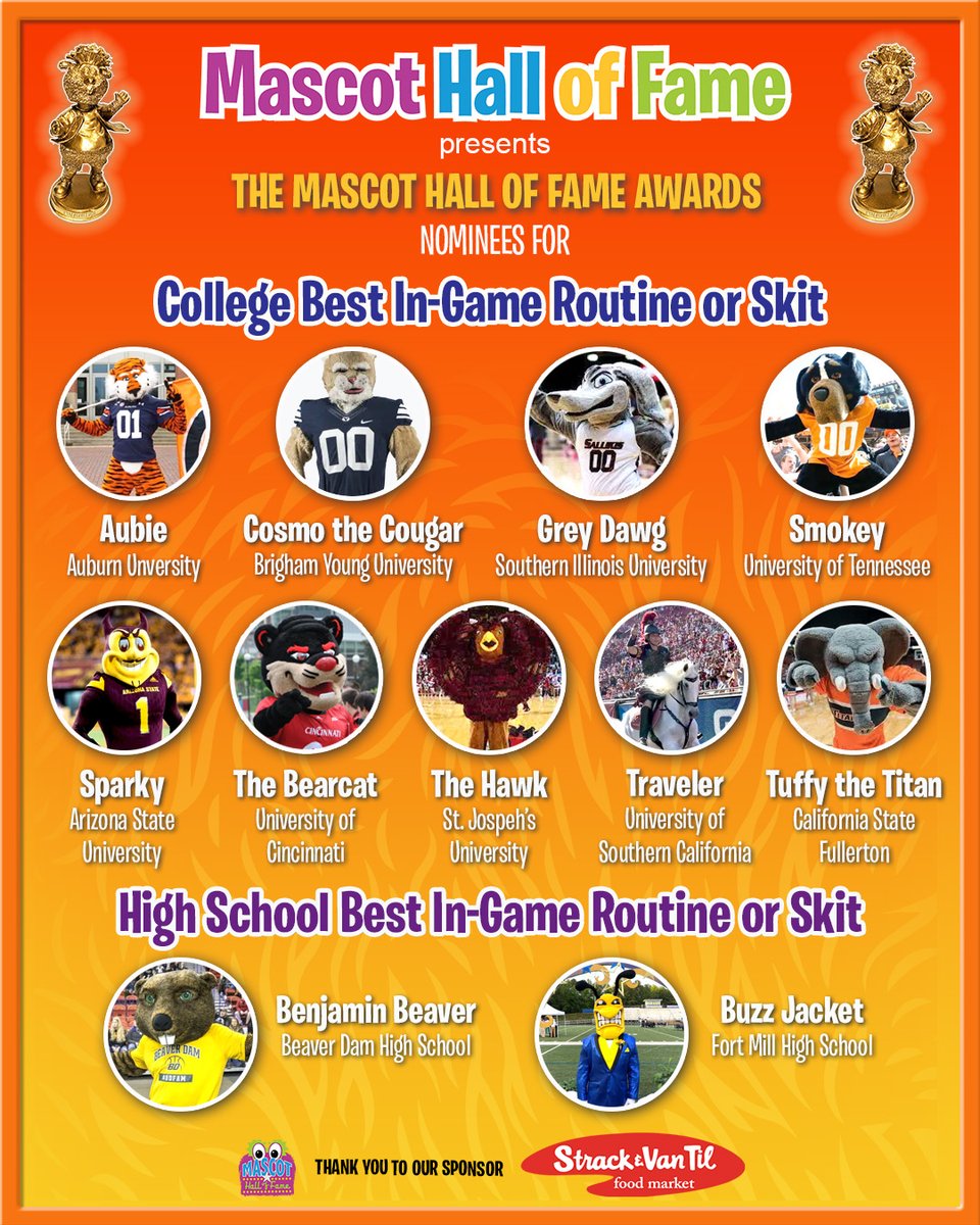 Here are your nominees for the #MascotHallofFameAwards: Collegiate &amp; HS Best InGame Skit or Routine.  

RT, Tag and Share to help your favorite mascot!
Use #GoldenReggy when you do.

View the ballot and vote here:
mascothalloffame.com/2022-mascot-aw…

Thank you to our sponsor <a href="/StrackVanTil/">Strack & Van Til</a>