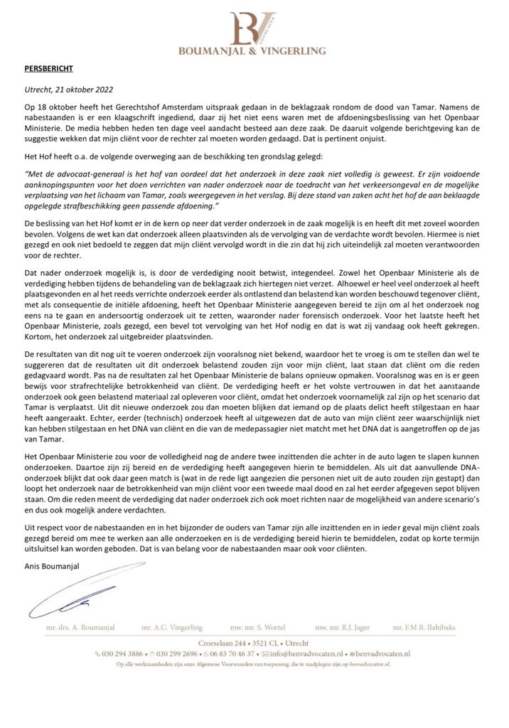 AnisBoumanjal's tweet photo. PERSBERICHT inzake het onderzoek naar de dood van Tamar en in het bijzonder de uitleg van de vervolgingsbeslissing van het Gerechtshof Amsterdam https://t.co/41pB1YqraB