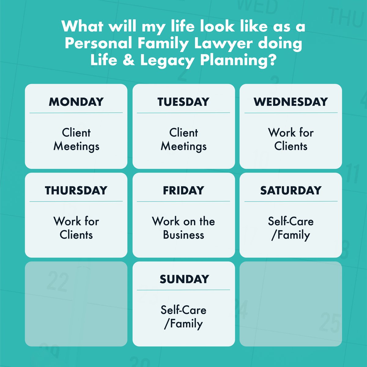 NewLawBizModel's tweet photo. If you become a Personal Family Lawyer®️, you'll be equipped with systems for success. Our PFL community learns from each other and one popular time management strategy is themed days. Try this out and see for yourself if it works for you and your Estate Planning law practice!🙌 https://t.co/I314k8XQJC