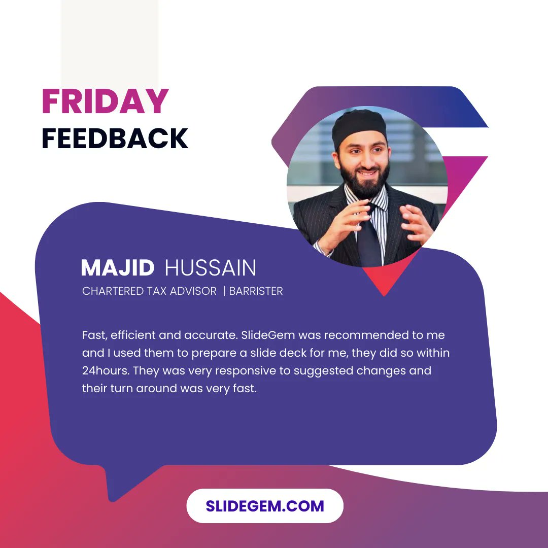 SlideGem's tweet image. We love to hear what our clients have to say! Here&apos;s what they had to say about their experience with us. 

#FridayFeedback #SlideDesigner #ProPresentationDesigner
#testimonial #Powerpoint #designthinking #visualdesign