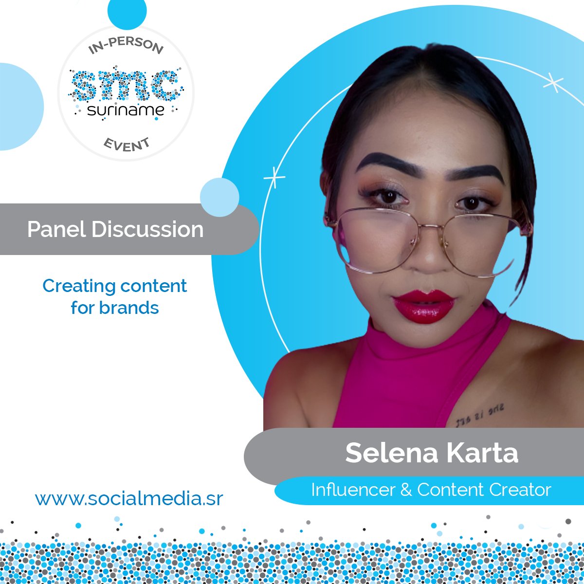 Selena Karta is joining us as a speaker for the 6th edition of the Social Media Conference Suriname🥳! 

Learn more about SMCS22 here: bit.ly/SMCS22Info 
Purchase your EARLY BIRD PASS here: bit.ly/SMCS22SHOP

#SMCS22 #SocialMedia #Suriname