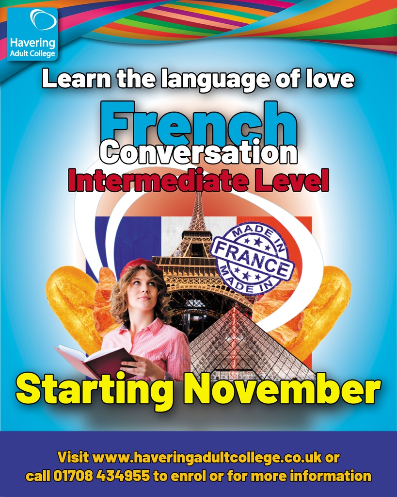 Adult_college's tweet photo. Say bonjour to one of the world's languages of love and improve your French on our intermediate level French Conversation course.

Visit https://t.co/wMZeLbc2fA or call 01708 434955 for more information or to sign up.

#french #conversation #speakfrench #readfrench #writefrench https://t.co/fb5g89xE0U