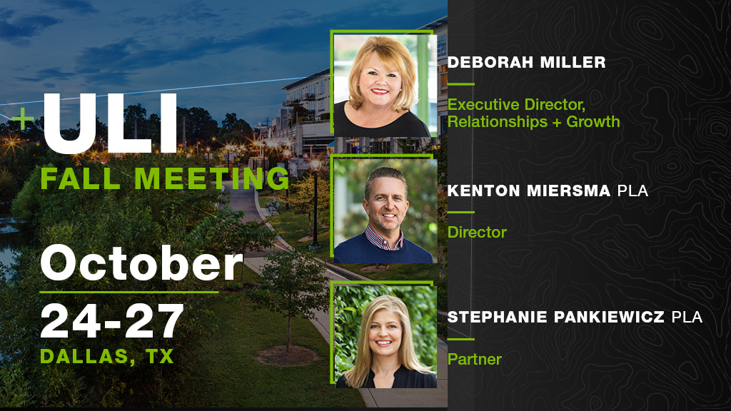 We are excited to have the 2022 ULI Fall Meeting right here in Dallas! Come say hi to our Executive Director of Relationships + Growth Deborah Miller, Director Kenton Miersma, and Partner Stephanie Pankiewicz. We can't wait to see everyone next week! 

#uli #ulidallas #LandDesign