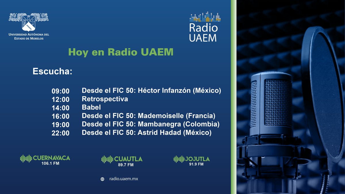 Les deseamos un excelente fin de semana. Aquí la programación de hoy que incluye algunos conciertos desde el Festival Internacional Cervantino. Comienza el día con la presentación de Héctor Infanzón a las 9am. ¡Gracias por escuchar Radio UAEM!