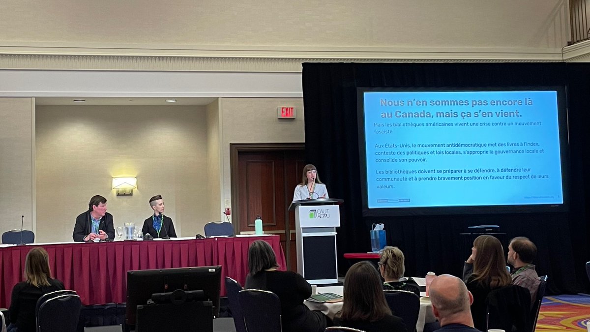 CAUT_ACPPU's tweet photo. Alison Macrina of @LibraryFreedom talks to the Librarians &amp; Archivists Conference of the challenges faced by librarians and archivists and how to fight back. 

#CAUTLibArc https://t.co/fZDR9ekO5E