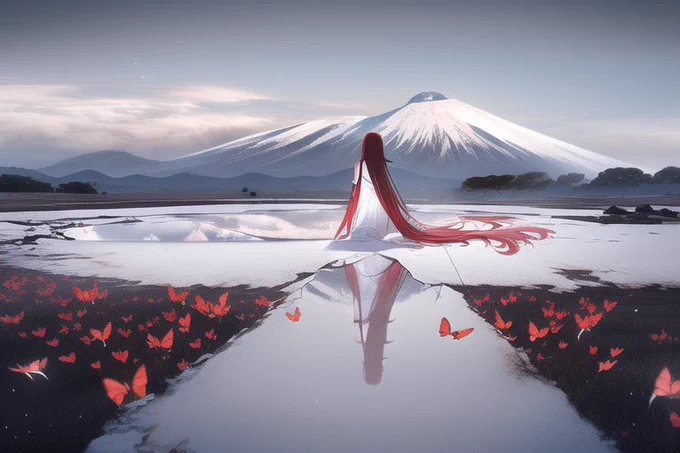 「VIRGINITY」

Red spreading across a pure white dress, long hair undone while staring into a cracked mirror, stains on the dress becoming red butterflies, snow rolling off Kilimanjaro in the distance, despair, a beautiful suicidal body, masterpiece, illustration. 