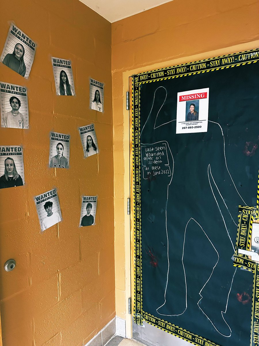 ehlinger_cbsd's tweet photo. When @cb_ceife leaves for the tech world, the only logical option for our door decorating contest is to make our own spin of “Clue”! We miss you ☹️💛🖤 https://t.co/8cwzr2OCM2