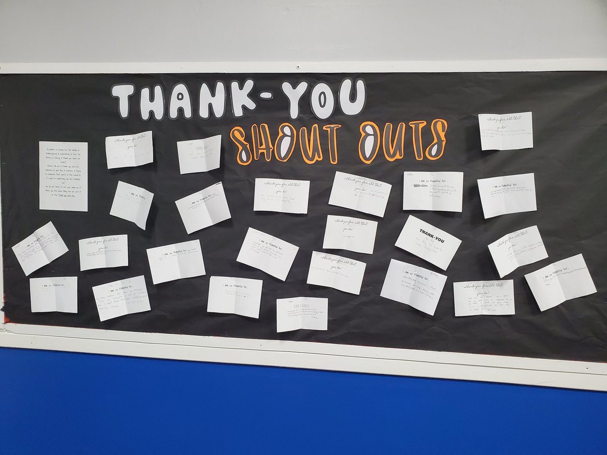 iwmsmac's tweet photo. Mrs. Emerson created a Thank You Shout Out bulletin board in the library where students write thank you notes to someone they are thankful for or things they are thankful for. @IW_Supe @IWMSRaiders https://t.co/L8C3CSYnpr