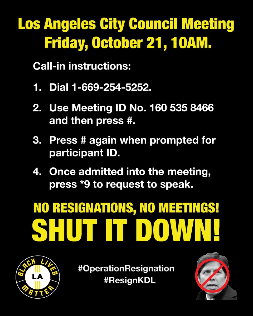 🚨🚨CALL TO ACTION 🚨🚨

The #1 thing you can do today is call in and give public comment at this morning’s city council meeting.

<a href="/BLMLA/">#BlackLivesMatter-LA</a> is camped out in front of KDL’s house &amp; wants you to call in &amp; demand our elected officials step up - NO RESIGNATIONS, NO MEETINGS #ResignKDL
