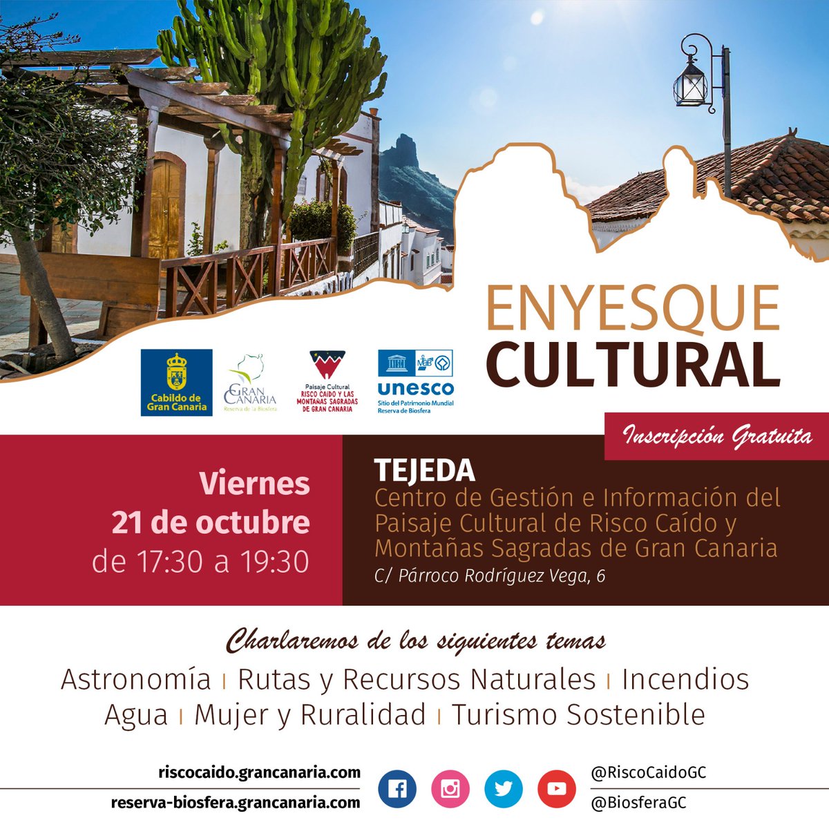 Empezamos en un ratito! No te lo pierdas! 
<a href="/BiosferaGC/">Reserva de la Biosfera de Gran Canaria</a> <a href="/RiscoCaidoGC/">Paisaje Cultural Risco Caído de Gran Canaria</a>