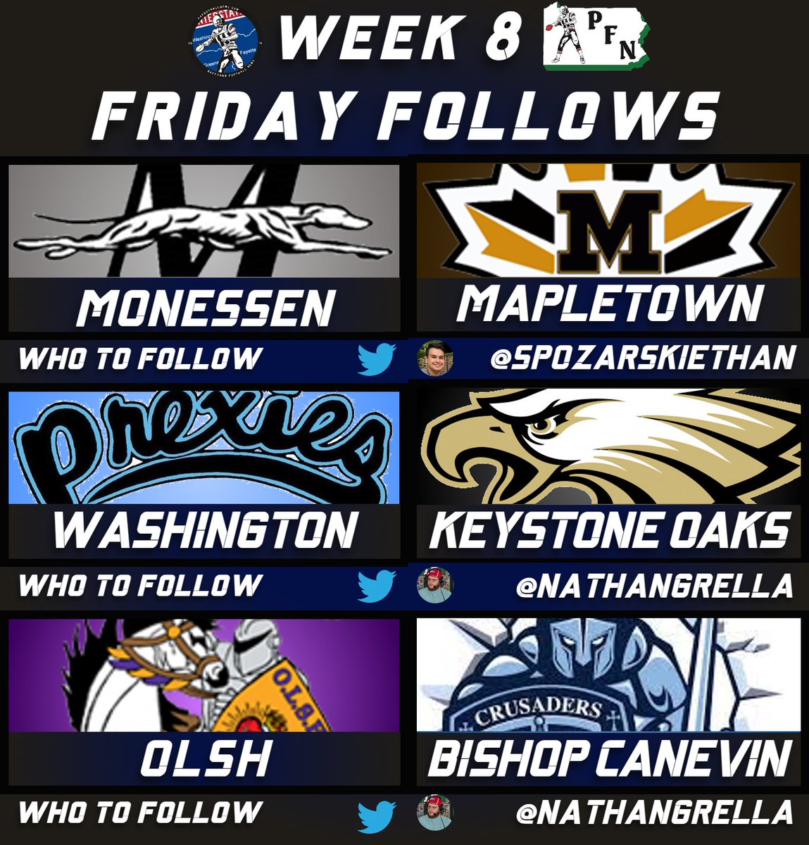 FRIDAY FOLLOWS FOR TODAY AND TOMORROW! @Hounds_Football @ @MapletownSports | @SpozarskiEthan @WashHighFB @ @ko_goldeneagles | @NathanGrella @OLSHFOOTBALLHS @ @CrusadersFball | @NathanGrella Follow for Updates! Go Check Out Instagram for Picture Updates! @PaFootballNews