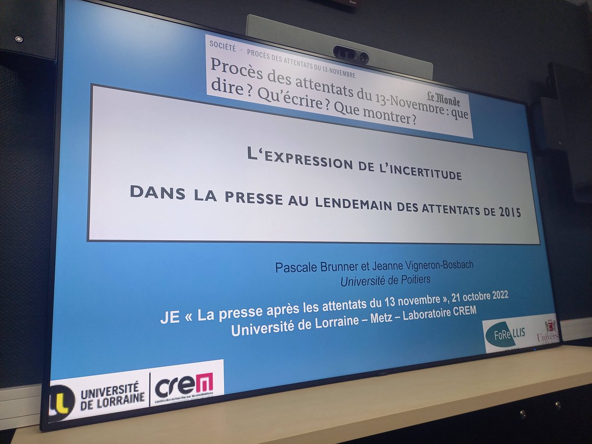Pascale Brunner et Jeanne Vigneron Bosbach de <a href="/FoReLLIS_15076/">FoReLLIS</a> explorent les facettes de l'incertitude dans le discours de presse des attentats du #13Novembre <a href="/Crem_UL/">Centre de recherche sur les médiations</a>