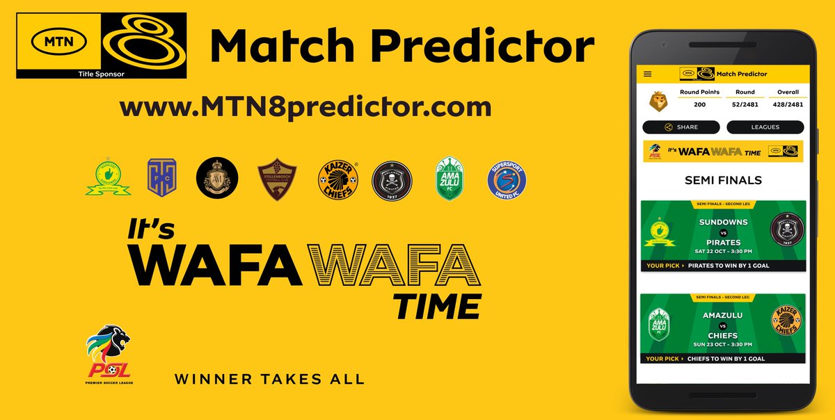 It's the second leg of the #MTN8 semis ⚽️. <a href="/masandawana/">Mamelodi Sundowns FC</a> take on <a href="/orlandopirates/">Orlando Pirates</a> Sat at 3:30pm. Play, predict and win with the @MTN8 Match Predictor to grab a share of R50,000 💰 in prizes. Enter now: mtn8predictor.com