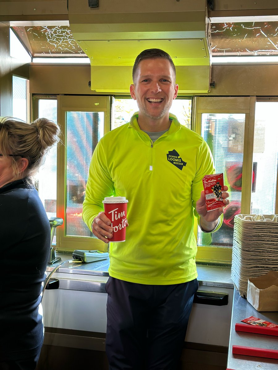 voteloomis's tweet photo. Keanin was in #Binbrook this morning serving orders to Tim Hortons customers.☕️ 

So great to see so many #VoteLoomis supporters come through! Change is in the air!💚💙 https://t.co/xX10hGshM3