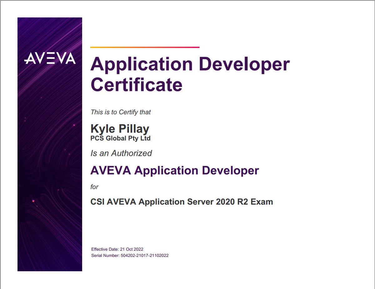 PCSglobalZA's tweet photo. Congratulations Kyle for passing your CSI AVEVA Application Server 2020 R2 Exam!!

Kyle is an authorized AVEVA Application Developer for AVEVA Application Server 2020R2.

It's not what we do that defines us, it's how we do IT!

#intelligentTechnology #aveva #is3 #pcsglobal https://t.co/Fqjb75VITQ