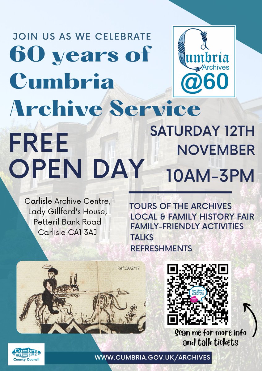CumbriaArchives's tweet photo. Help #CumbriaArchives celebrate their 60th anniversary with our free local and family history fair 12 Nov 10am-3pm featuring @Cumblibraries @WordsworthGras @NNicholsonPoet @FriendsBaths @MuncasterCastle @CVBG2013 @VCH_Cumbria @SolwayAviationM @TullieHouse @CMoML 
#Carlisle https://t.co/l3QjgXrwJg