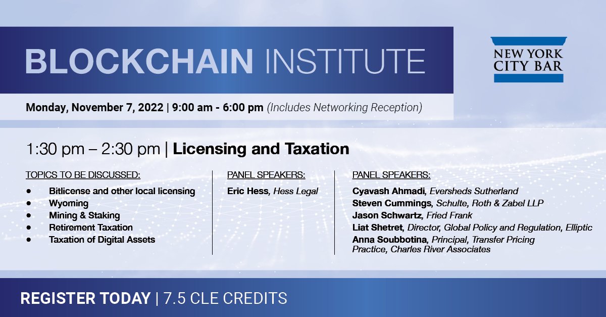Beyond excited to discuss the interplay between digital asset activities and state licensure requirements with <a href="/LiatShetret/">Liat Shetret</a> and <a href="/hess_legal/">Eric Hess</a> as part of the New York City Bar Association's Blockchain Institute 2022!