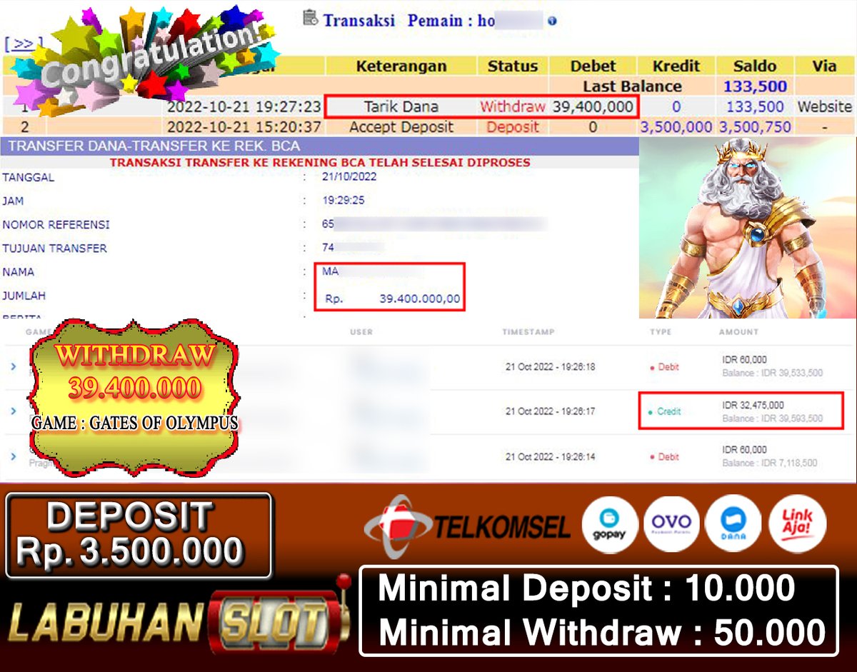 LabuhanSlot's tweet photo. GATES OF OLYMPUS ON-FIRE LABUHANSLOT..
DEPOSIT : 3.500.000
WITHDRAW : 39.400.000
GAME : PRAGMATIC PLAY
STAKE : 60.000

#PRAGMATIC #HABANERO #PGSOFT #SLOTTERMANIA #IDNLIVE #IDNTOTO #IDNSLOT #LABUHANSLOT #GACORABIS #SLOTTERPERCAYA https://t.co/QFgkXMWyaK