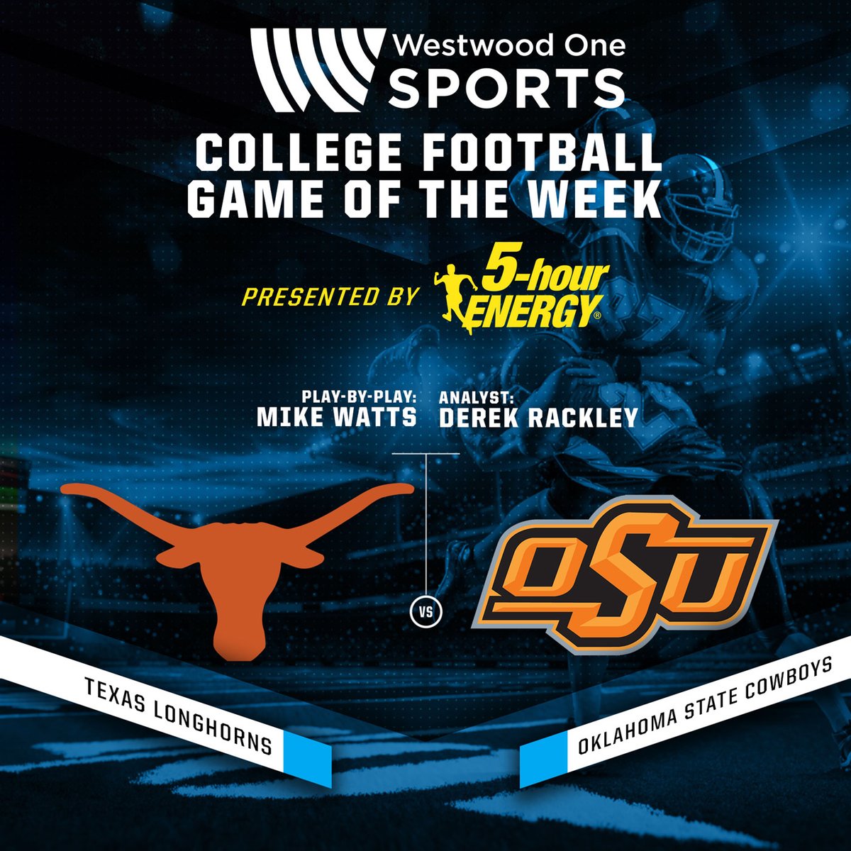westwood1sports's tweet photo. Another week, another top-20 matchup for the @5hourenergy Game of the Week!

🏈: #20 @TexasFootball vs. #11 @CowboyFB 
🕒: Saturday 3p ET
🗣️: @MikeWattsOnAir &amp; @drack48 
📻: Affiliates
🖥️: https://t.co/27q0VqIZpX
📱: @varsity &amp; @tunein 
🔊: "Alexa, open Westwood One Sports!" https://t.co/FQfE3j05VF