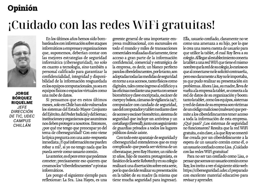 #MesdelaCiberseguridad Te invitamos a leer la columna de opinión en el diario <a href="/ladiscusioncl/">La Discusión</a> hecha por Jorge Bórquez, Jefe Dirección TIC UdeC campus Chillán (Página 2) 📝

▶️papel.ladiscusion.cl/papeldigital/2… 

#DTIConcepción #UdeC #DTIChillán #DTILosÁngeles #ciberseguridad