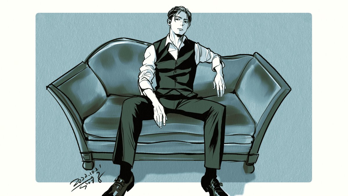 1boy male focus solo sitting shirt vest couch  illustration images