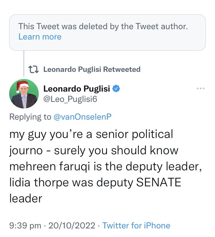 Senior political journalist, Peter Van Onselen gets called out on his lack of political knowledge by 14-year-old Leo…. Pete has a “who cares” hissy fit and deletes his ridiculous tweet. But Twitter saves Pete’s vainglorious self for all to see.