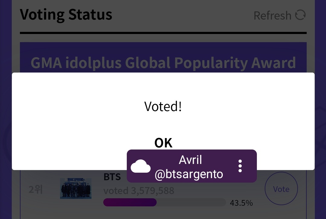btsargento's tweet photo. — [🗳] ARMY, den su voto diario para #BTS en "Global Popularity Award" de GMA 2022!

🖇: (https://t.co/HZrNarSKHO)

• Comenten sus capturas de voto si quieren<3

I'm voting for @BTS_twt for Favorite Pop Duo or Group at the #AMAs https://t.co/CSgG2F2uL5