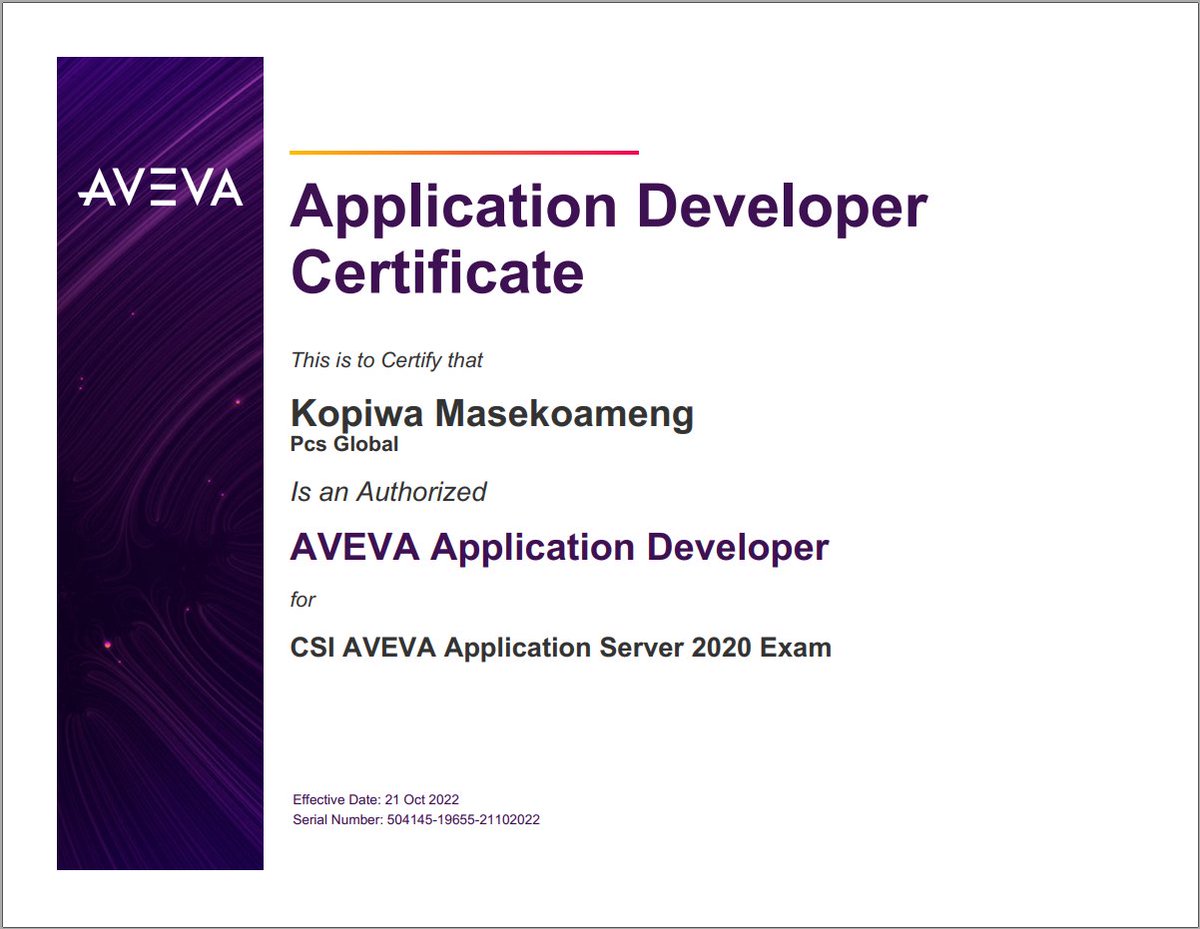 PCSglobalZA's tweet photo. Congratulations Kopiwa for passing your CSI AVEVA Application Server 2020 R2 Exam!!

Kopiwa is an authorized AVEVA Application Developer for AVEVA Application Server 2020R2.

It's not what we do that defines us, it's how we do IT!

#intelligentTechnology #aveva #is3 #pcsglobal https://t.co/CKskSomOV0