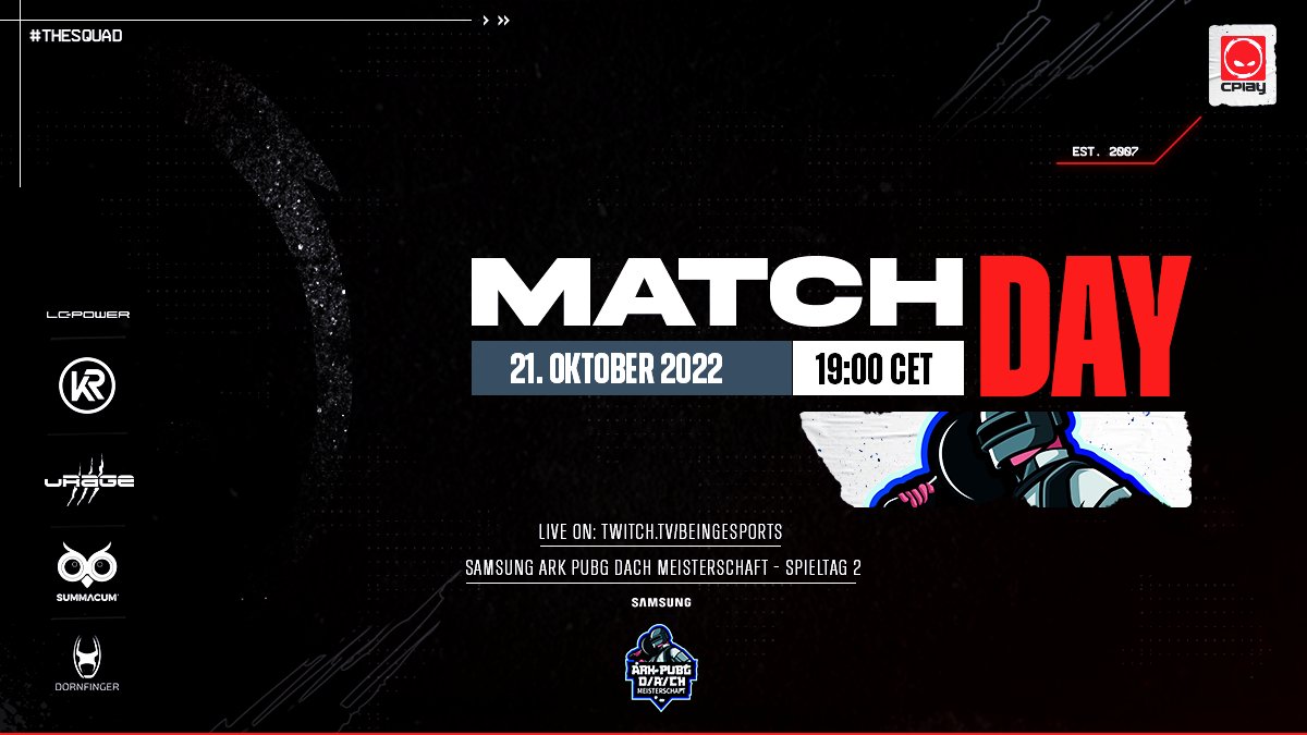 CPLAYgg's tweet photo. [#PUBG] 

Heute gehts für uns weiter in der SAMSUNG ARK PUBG DACH-Meisterschaft🔥
Nach letztem Mal starten wir heute eine Div drunter in der Pro Stage, aber wollen natürlich wieder hoch😎

🕖19:00 Uhr
📺https://t.co/hMnTaYmCjf

@b34stxxx @1needex @nordsk1f @LipsiaPUBG 
#THESQUAD https://t.co/U5wf6pSF35