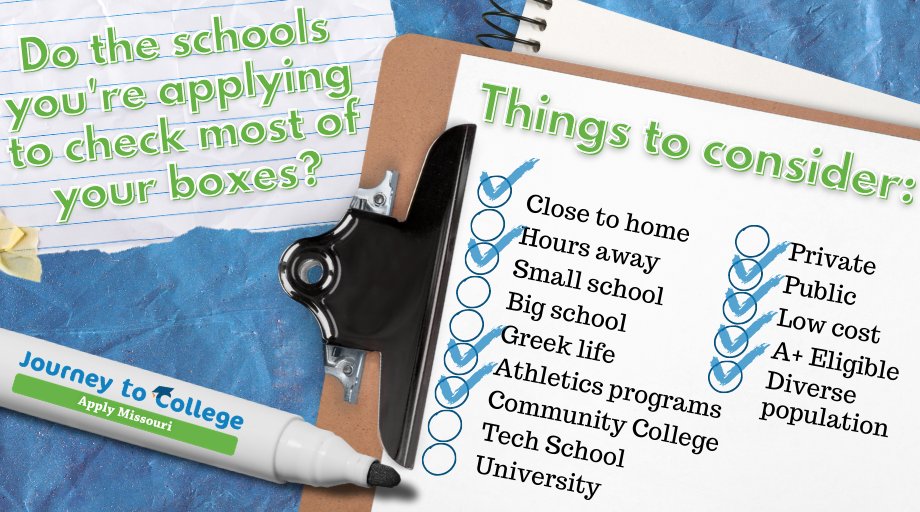 LJCollegeCareer's tweet photo. Here are some things to consider and research as you decide which schools to apply to! LJHS Application Week starts Monday! #ApplyMO #rootEdMissouri #ClassOf2023 #everystudenteverypath https://t.co/SKfiyML5kr