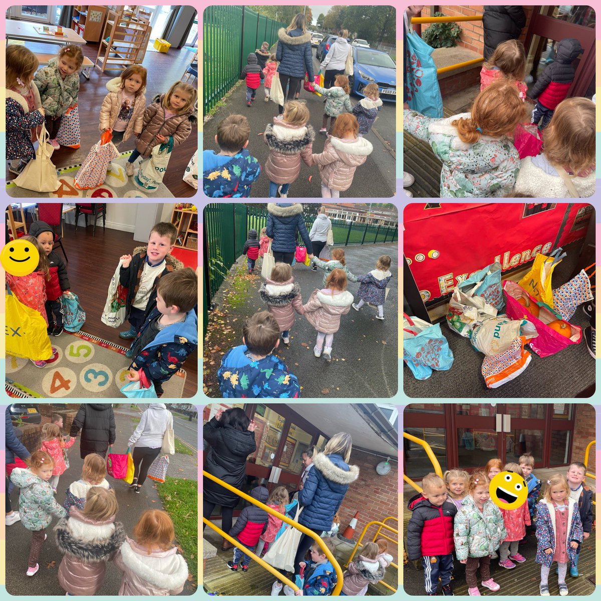 Llanyplaygroup's tweet photo. What a lovely morning visiting @LlanyPrimary to deliver the donations from our children and their families for harvest. We also delivered pumpkins that some reception children grew with us last year from seedlings. So lovely to see so many familiar faces. Diolch! https://t.co/swShvwKHxW