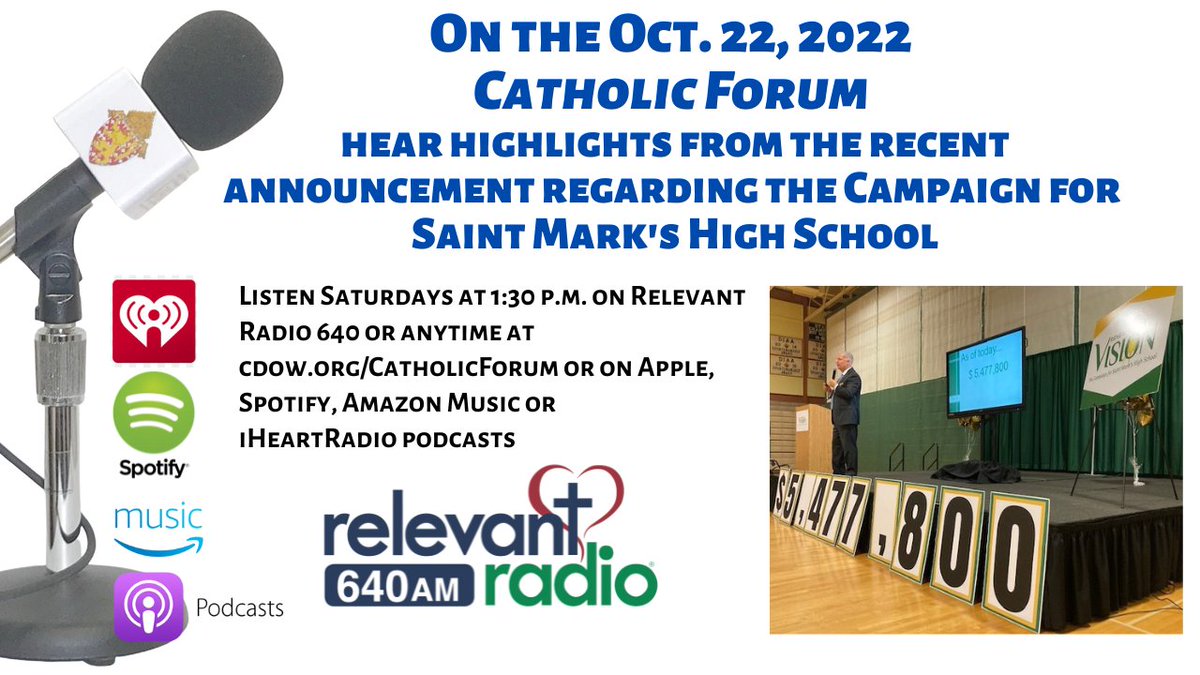TheDialogWilm's tweet photo. On this week's Catholic Forum, learn more about the next big initiative at St. Mark's High School. Tune in Saturday at 1:30 p.m. on 640AM or wherever you listen to your favorite podcasts.
#CDOW #Catholic
@SaintMarksHS https://t.co/788Um1xguE