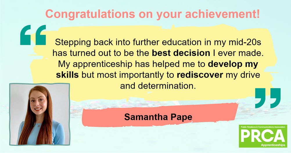 PRapprentices's tweet photo. Samantha has achieved a Distinction in her #PR #Apprenticeship at @LizLeanPR. Join us in congratulating her! 
Read about how her apprenticeship helped her succeed: 
https://t.co/h7Mh7O3E1T
#earnandlearn #apprenticeships #PRapprentice #cisionuk https://t.co/Zzu0edGFRh