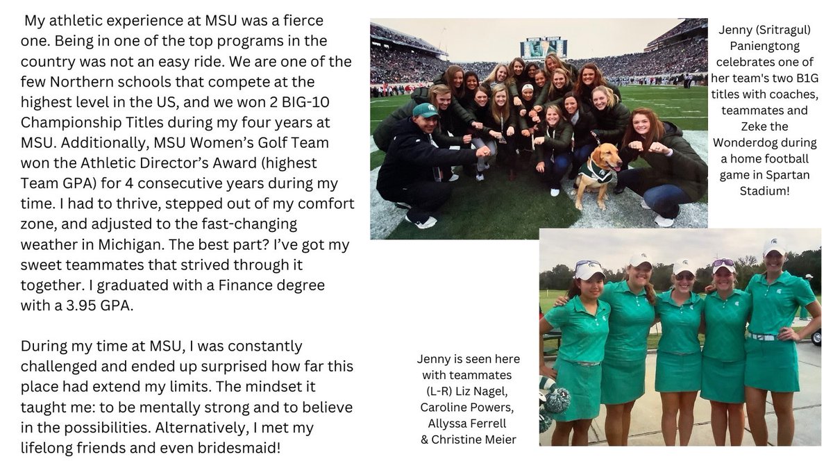 MSU_VarsityS's tweet image. Today's #FeatureFriday highlights @MSU_WGolf alumna,   Jenny (Sritragul) Paniengtong!  @JSritragul