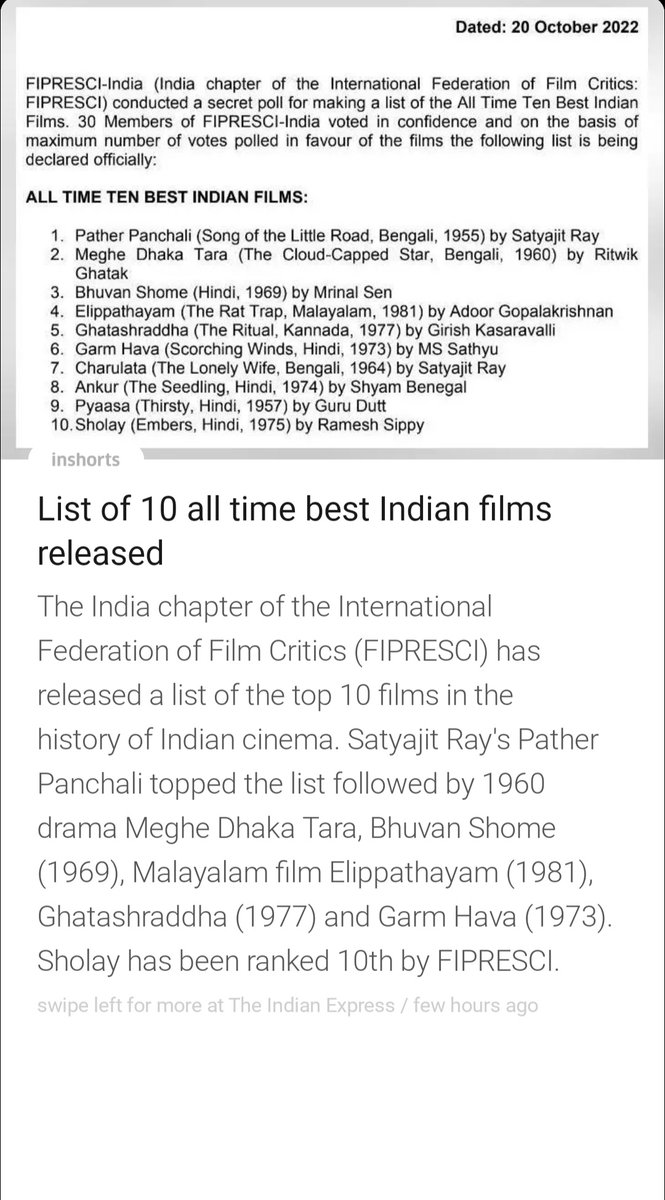 biswarupbb's tweet photo. Glad to see 3 bengali movies in the list of All time best Indian movies. Proud to be a bengali. https://t.co/uRc4xPEqZJ