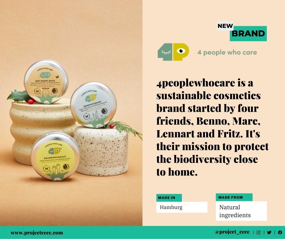 Project_Cece's tweet image. ✨New: 4peoplewhocare✨ 
4peoplewhocare is a sustainable cosmetics brand started by four friends. It's their mission to protect the biodiversity close to home. 
🌱 Only natural ingredients.
📌 Produced in-house in Hamburg.
🌸 They protect flowery meadows.
cece.eco/4peoplewhocare