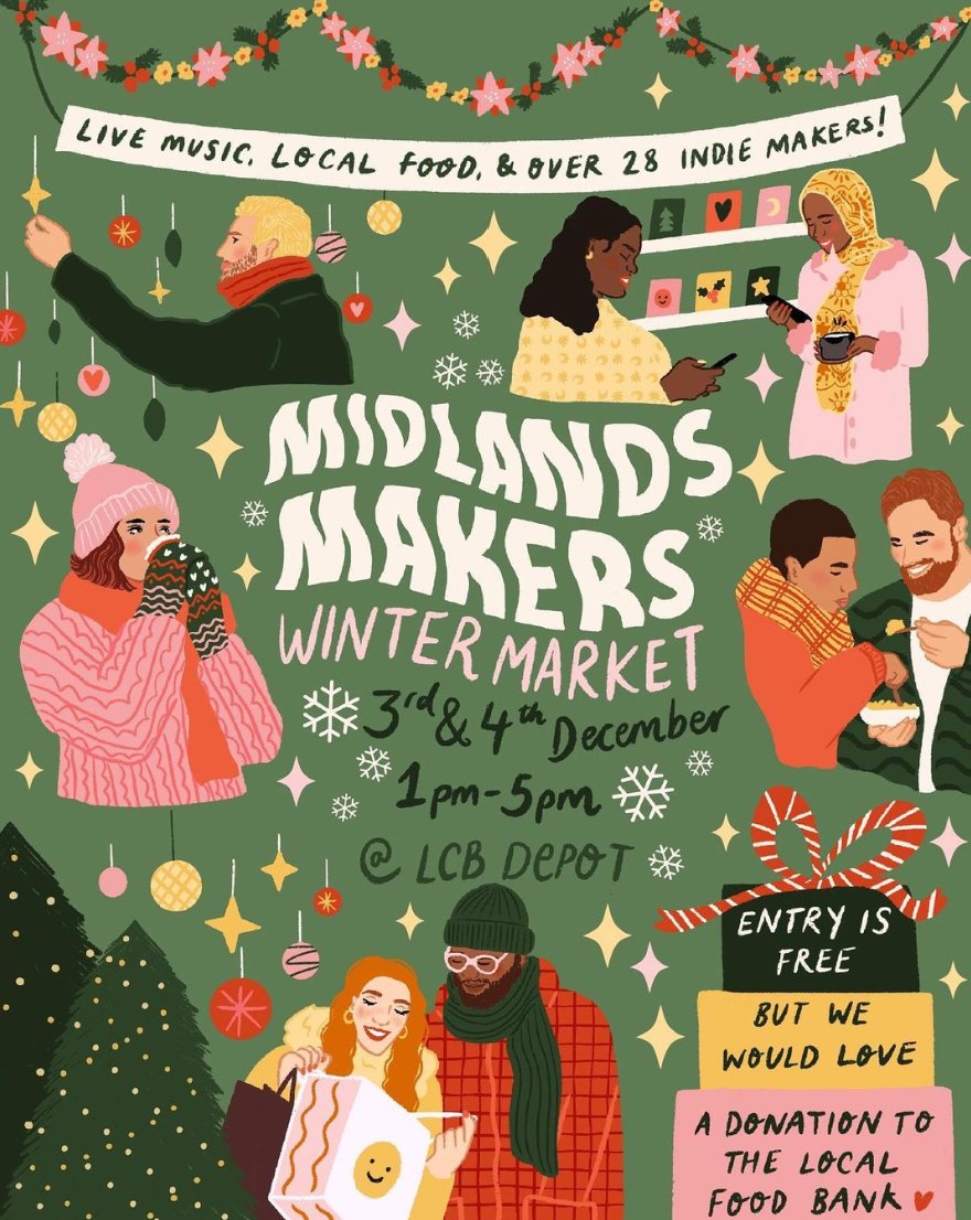 Midlands Makers Market here Sat 3 &amp; Sun 4 December, 1-5pm!
52 Makers over 2 days - expect the most vibrant, creative independent shopping event!
Support your local creatives, including live music, sellers + workshops
Free entry - bring a food bank donation
bit.ly/3eS21yE
