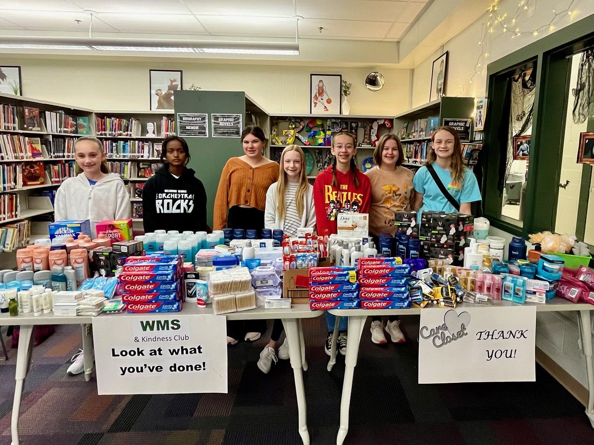 WMS Kindness Club just wrapped up its donation drive for the newly created Care Closet providing personal care items for students.  Nearly 550 items were donated! Thank you students and families! @SuggsWms <a href="/WMSTimberwolves/">Wildwood Timberwolves</a> <a href="/PtoMiddle/">WildwoodMiddlePTO</a>
