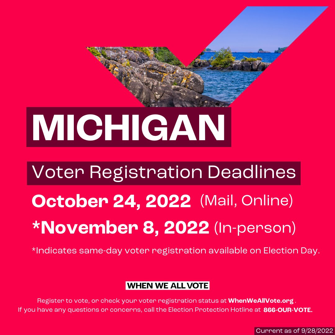 It's time to register to vote in #Michigan*! To register to vote head to weall.vote/voterhub. If you have any questions or concerns, call the Election Protection Hotline at 866-OUR-VOTE. #MidtermElection *Same-day voter registration is available on Election Day.