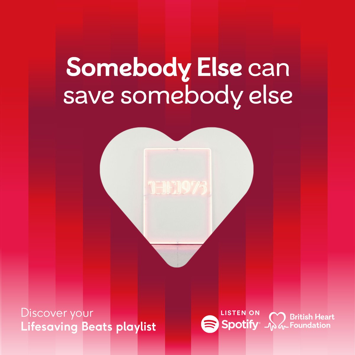 TheBHF's tweet photo. Did you know that ‘𝐒𝐨𝐦𝐞𝐛𝐨𝐝𝐲 𝐄𝐥𝐬𝐞’ by @the1975 has the right beat to learn CPR to? ❤️
The power of music can help us keep the right rhythm for CPR, between 100-120bpm. 
Find out more about our #LifesavingBeats here: https://t.co/HOMAd3WHEX https://t.co/E5KtE3Lnmm