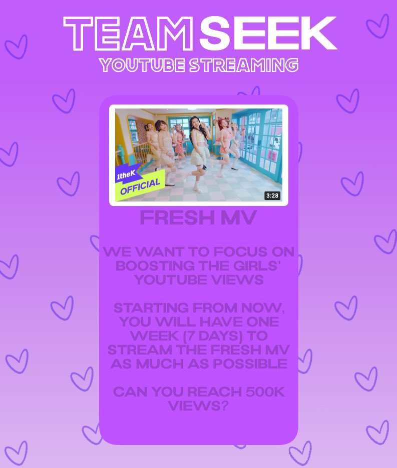 ICHILLINFILES's tweet photo. [HALLOWEEN SCREAMING PARTY]

We want to focus on boosting the girls’ YouTube views. You have 7 days to stream your given MVs and see who can aim for their goal quicker!

1 million or 500K?

#TeamHide #TeamSeek
#ICHILLIN #아이칠린
@ichillin_km @I_m_chillin https://t.co/6p0DeKpDq5