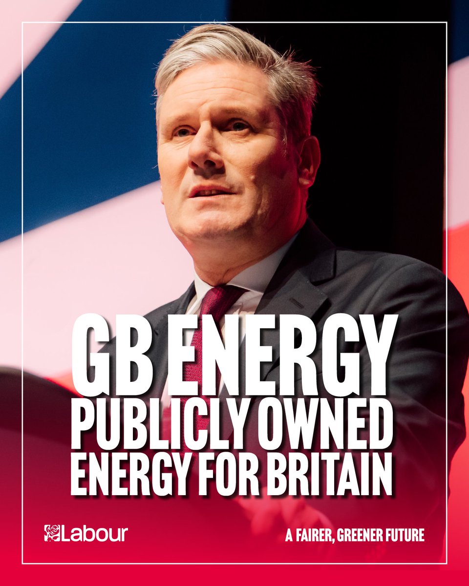 With @Keir_Starmer as Prime Minister, Labour will establish GB Energy. ✅ A publicly-owned, clean-power company. ✅ Harnessing the power of Britain’s sun, wind and waves to cut energy bills for good. ✅ Making Britain an energy independent superpower.