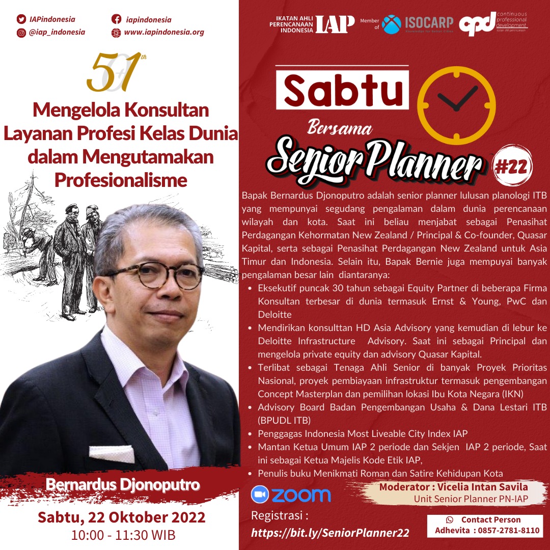 Halo para sobat planner.. 
Kami mengajak sobat planner untuk bergabung mengikuti acara Sabtu Bersama Senior Planner dengan narasumber spesial yang telah berkiprah di dunia konsultan internasional. 

Registrasi melalui bit.ly/SeniorPlanner22 
CP : 0857 2781 8110 Adhevita