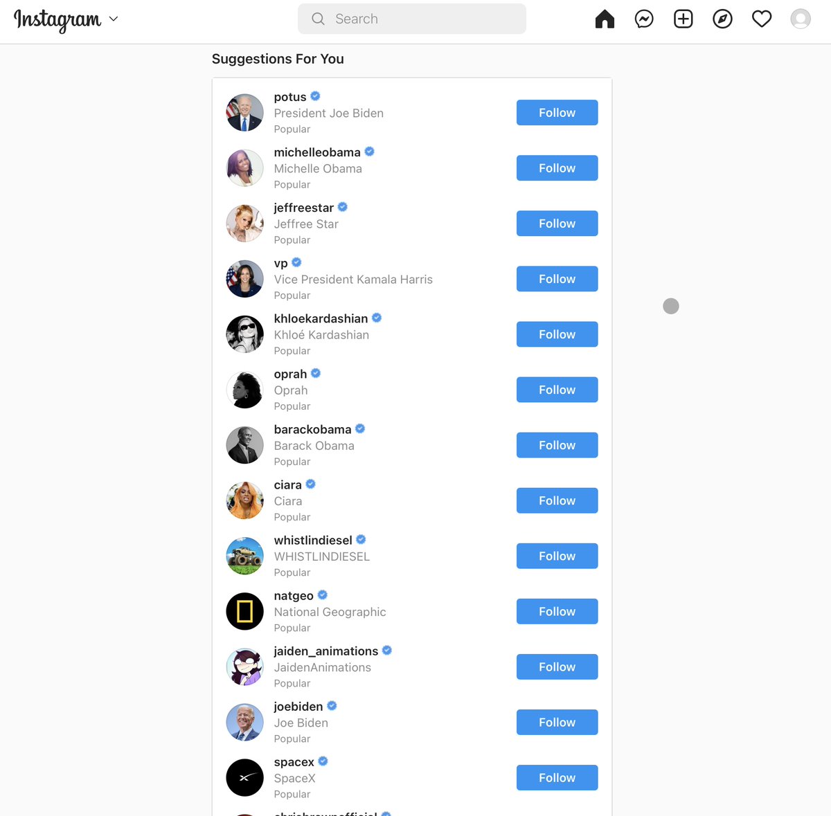 Made a new instagram account today. Interesting to see what accounts are automatically recommended to me. It’s not like Instagram has a political agenda… 
(Will Smith seriously?)
