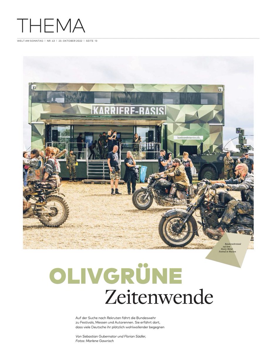 Zeitenwende in Olivgrün. Was bedeutet der #Krieg in der #Ukraine für die Bundeswehr? <a href="/SGubernator/">Sebastian Gubernator</a> und <a href="/FlorianGnP/">Florian Sädler</a> haben Rekrutierer und Rekruten begleitet. Ihr Report ist diese Woche unser THEMA in der <a href="/WELTAMSONNTAG/">WELT AM SONNTAG</a> via <a href="/welt/">WELT</a> . Fotos von <a href="/GawrischMarlene/">Marlene Gawrisch</a>